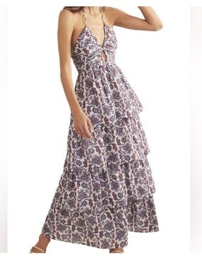 Boden Ruched Halter Paisley Ruffle tiered maxi dress summer vacation cotton, 12p